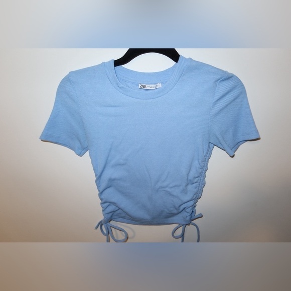 Zara Light Blue Short Sleeve Slightly Cropped Top Side Ties Size Small - Picture 2 of 6